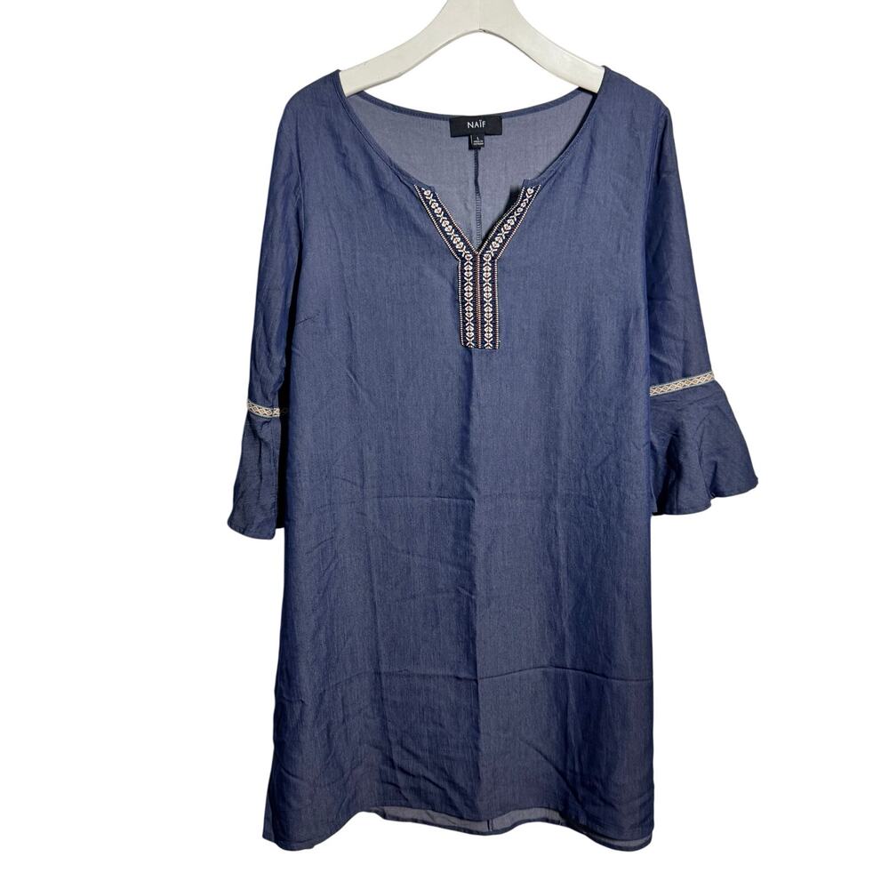 Naif Chambray Boho Dress Women L Blue Bell Sleeve Western Aztec Country Concert